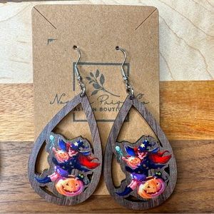 Halloween Wooden Earrings Welcome Jack-O-Lantern Pumpkin Witch Fall